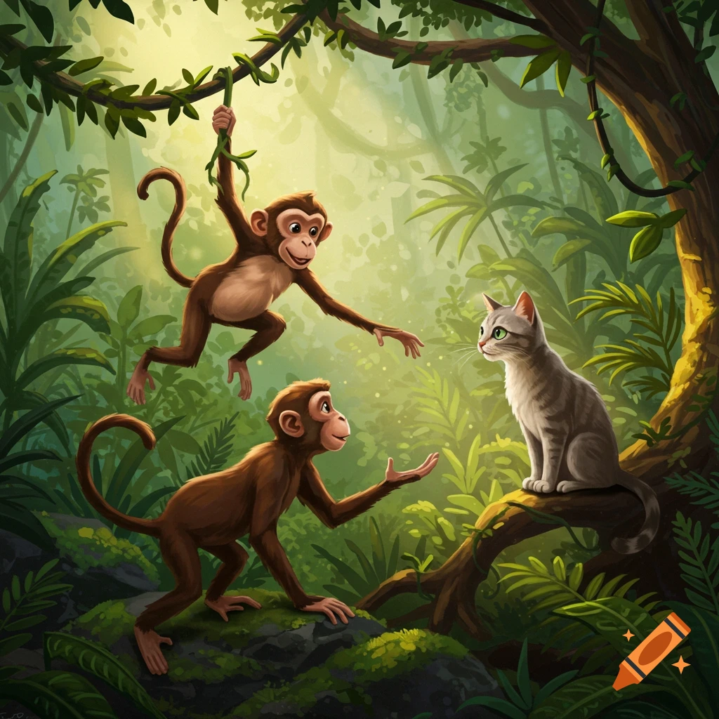 A cartoon illustration of two monkeys playing with a grey tabby cat in a sunlit, green jungle.