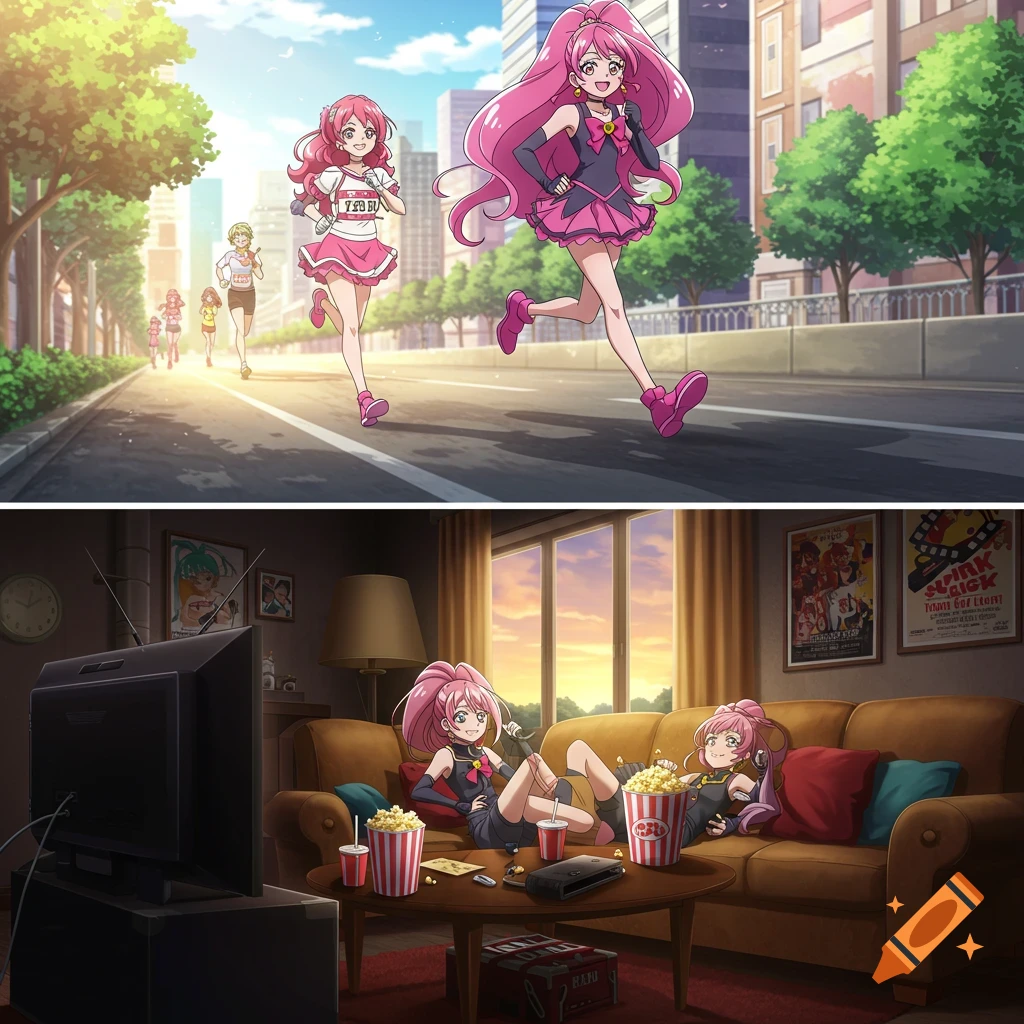 Two anime girls run a marathon in a city, while two other identical girls relax on a couch eating popcorn.