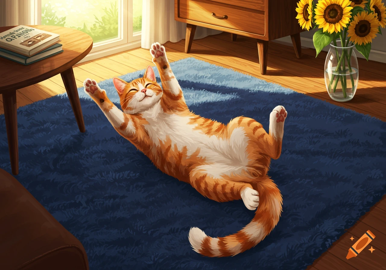 An orange and white cat lies on its back, paws stretched up, on a blue rug in a sunlit room, in a stylized illustration.