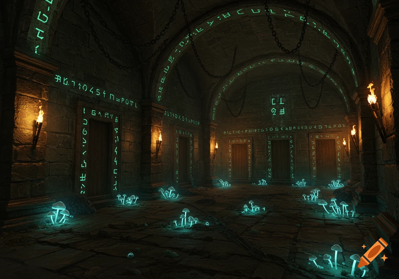 An ancient, dark stone dungeon chamber is lit by torches and glowing blue mushrooms on the floor, with luminous green symbols on the walls and vaulted ceiling.
