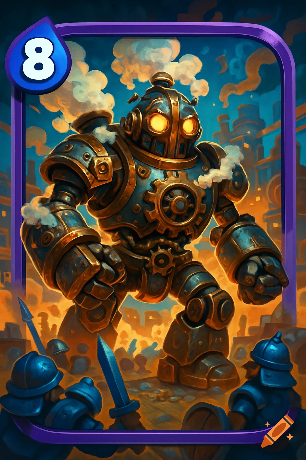 Steampunk robot with glowing eyes and smoke, towering over small soldiers on a game card with an '8' icon, in a vibrant, stylized art style.