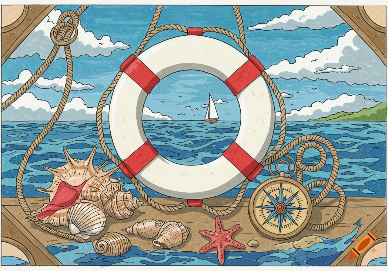 Nautical illustration with a life preserver, seashells, starfish, and a compass on a deck, with a sailboat on the ocean.