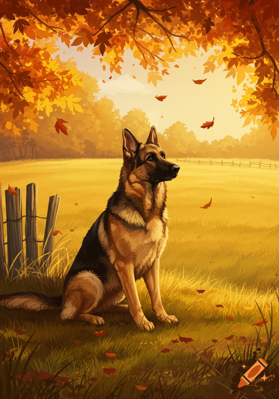 An illustration of a German Shepherd dog sitting in a golden field under autumn trees with falling leaves.