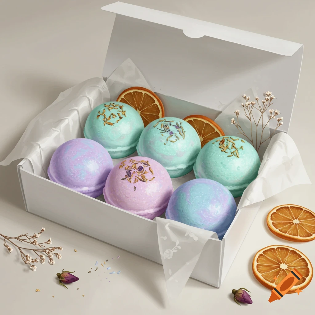 Six pastel-colored bath bombs in an open white box with dried orange slices and flowers, photorealistic.