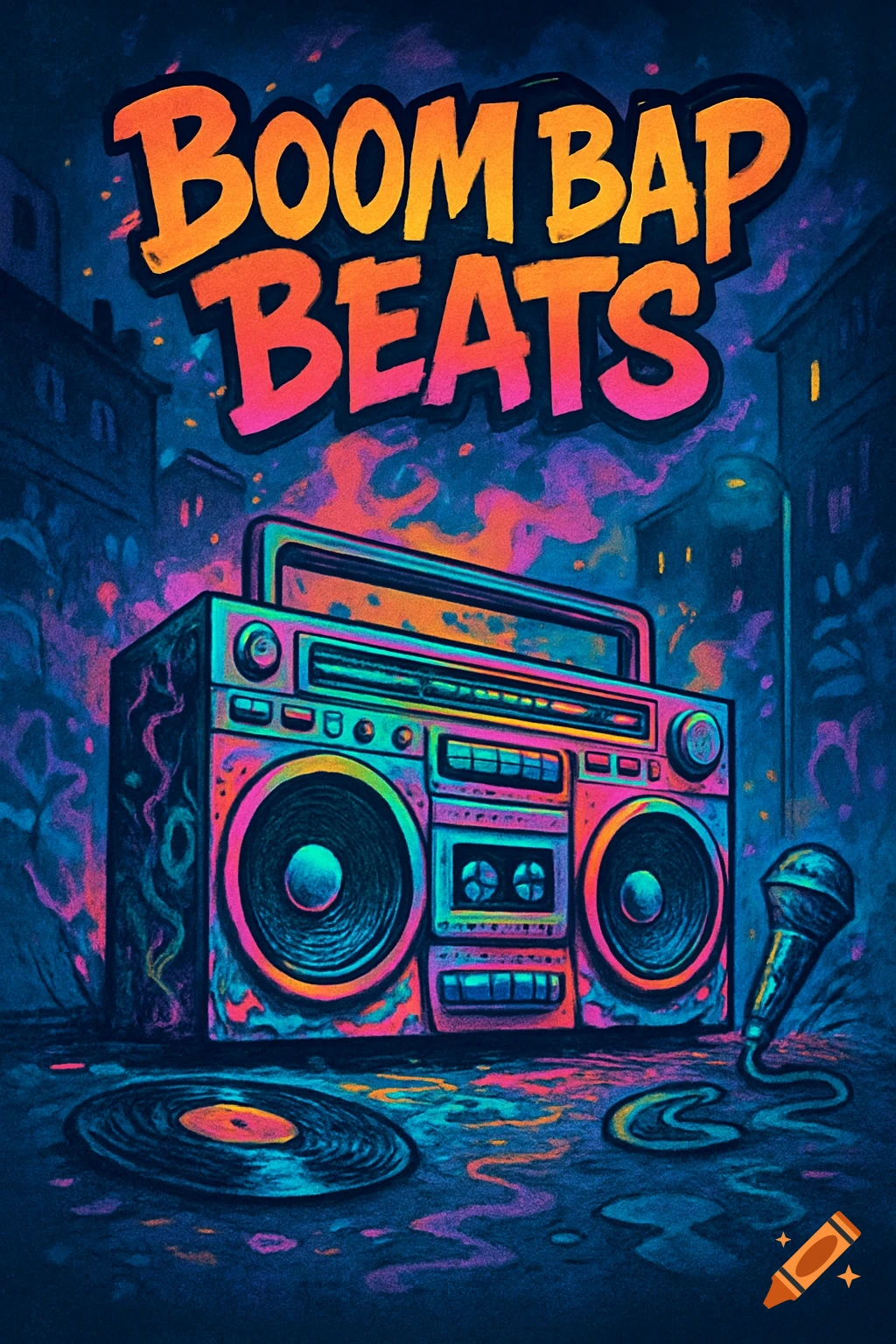 Neon-colored boombox, microphone, and vinyl record on a gritty urban background with 'BOOM BAP BEATS' text above, in an illustrative style.