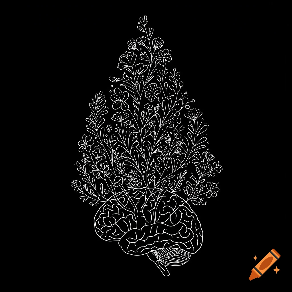 Minimalist white line drawing on black background showing a human brain with delicate flowers and foliage growing from its top.