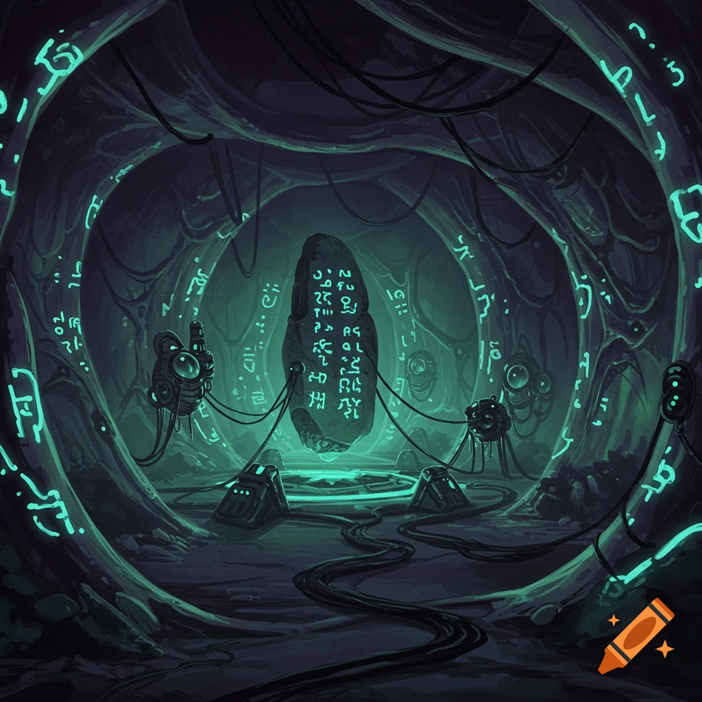 A mysterious alien cavern with glowing green runes on a central monolith and walls, surrounded by strange machinery and wires.