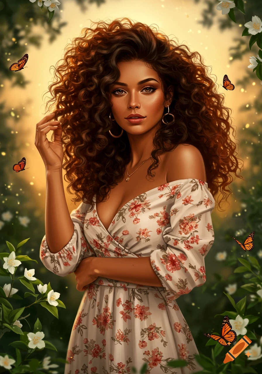 Digital painting of a beautiful woman with curly brown hair in a floral off-shoulder dress, surrounded by butterflies and glowing flowers in a magical garden.