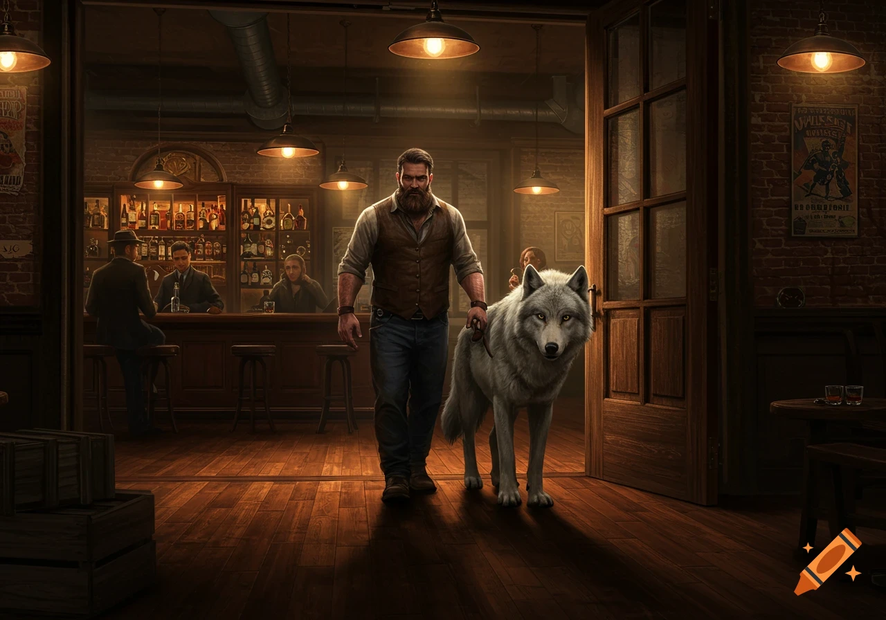 A bearded man in a vest and jeans walks into a dimly lit, rustic bar with a large white wolf on a leash. Other patrons are at the bar in the background. Photorealistic style.