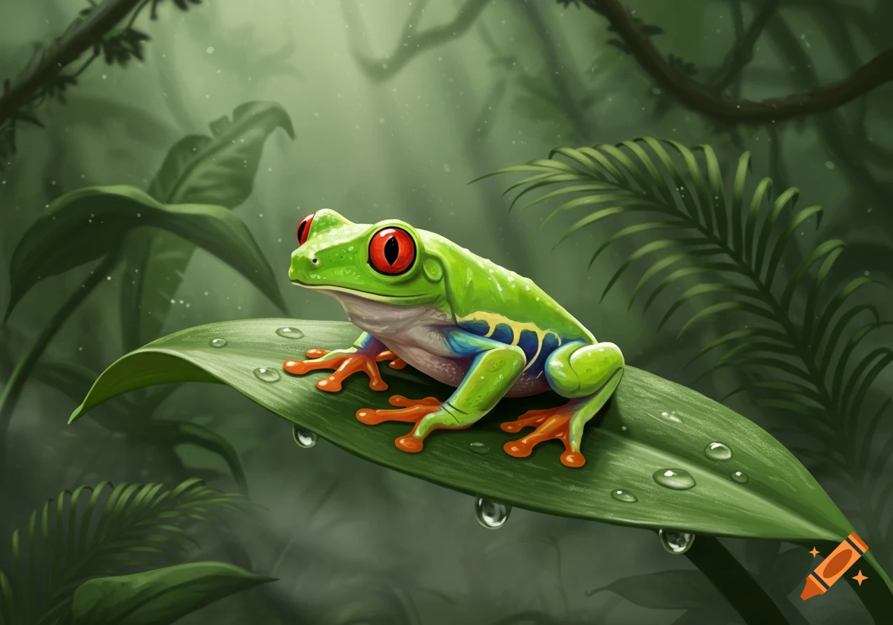 A vibrant green red-eyed tree frog with bright red eyes and orange feet sits on a large wet leaf in a lush jungle.