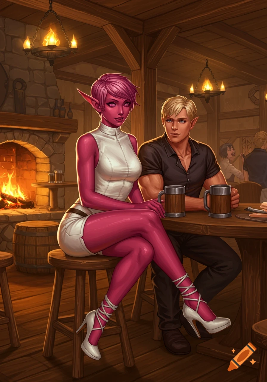A pink-skinned elf woman and a blond human man sit at a table in a cozy fantasy tavern with a fireplace.