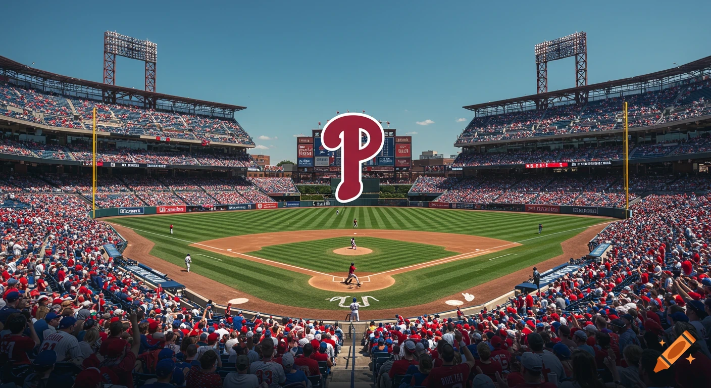 A vibrant, sunny view of a crowded baseball stadium with a large red Philadelphia Phillies 'P' logo floating above the field.