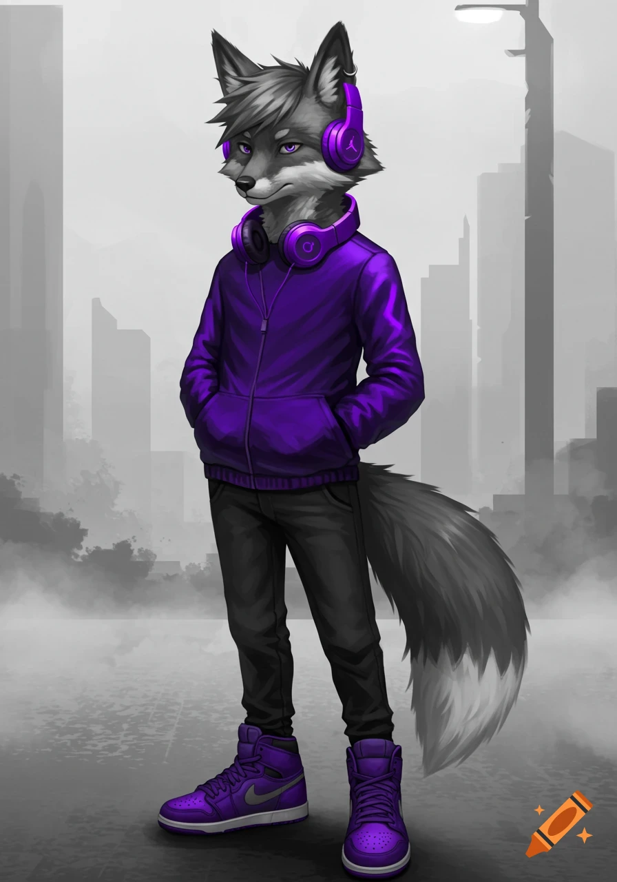 Digital illustration of a gray anthropomorphic fox wearing a purple hoodie, purple Jordan shoes, and purple headphones in a city.