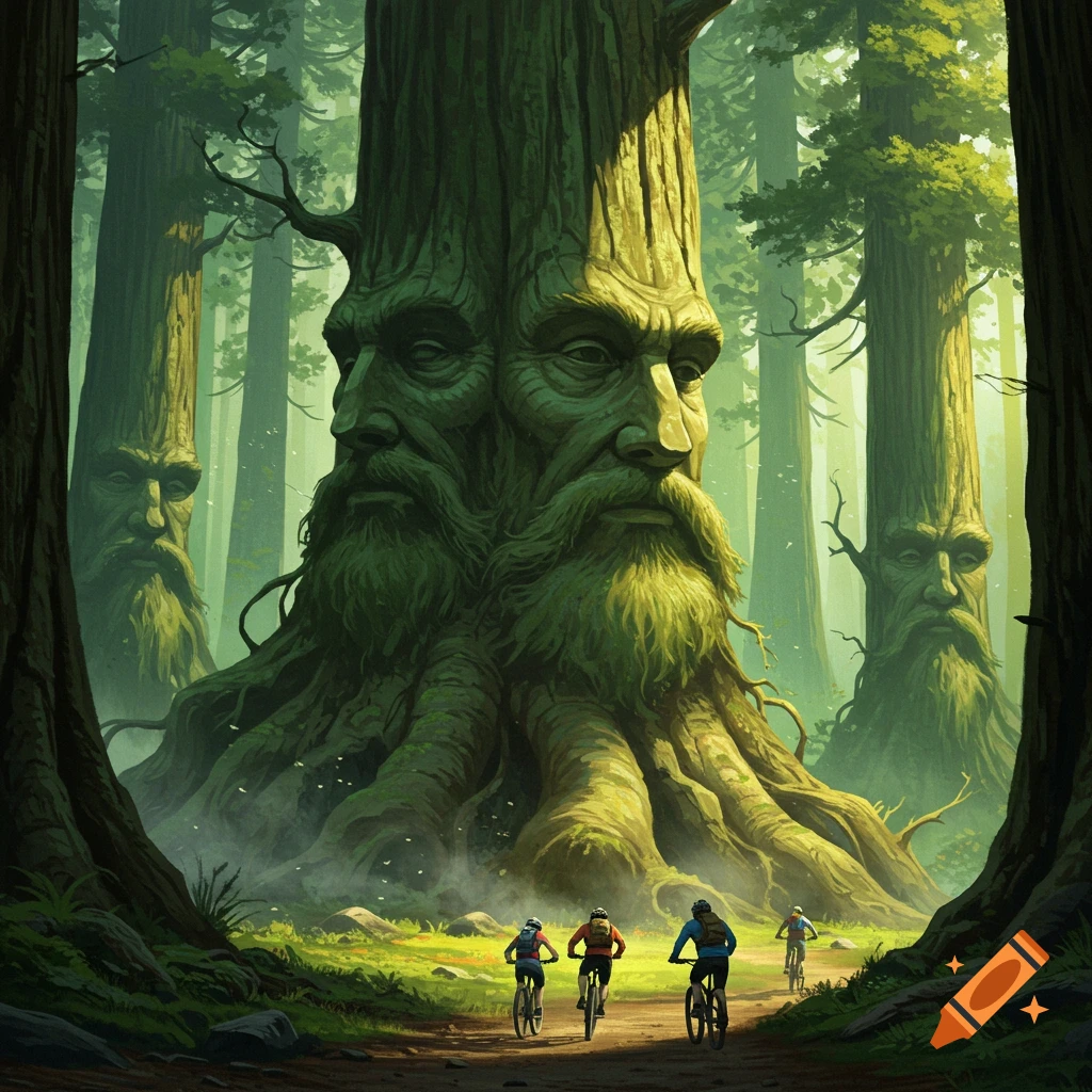 Mountain bikers ride through a lush green forest where ancient, bearded faces are subtly carved into the tree trunks.