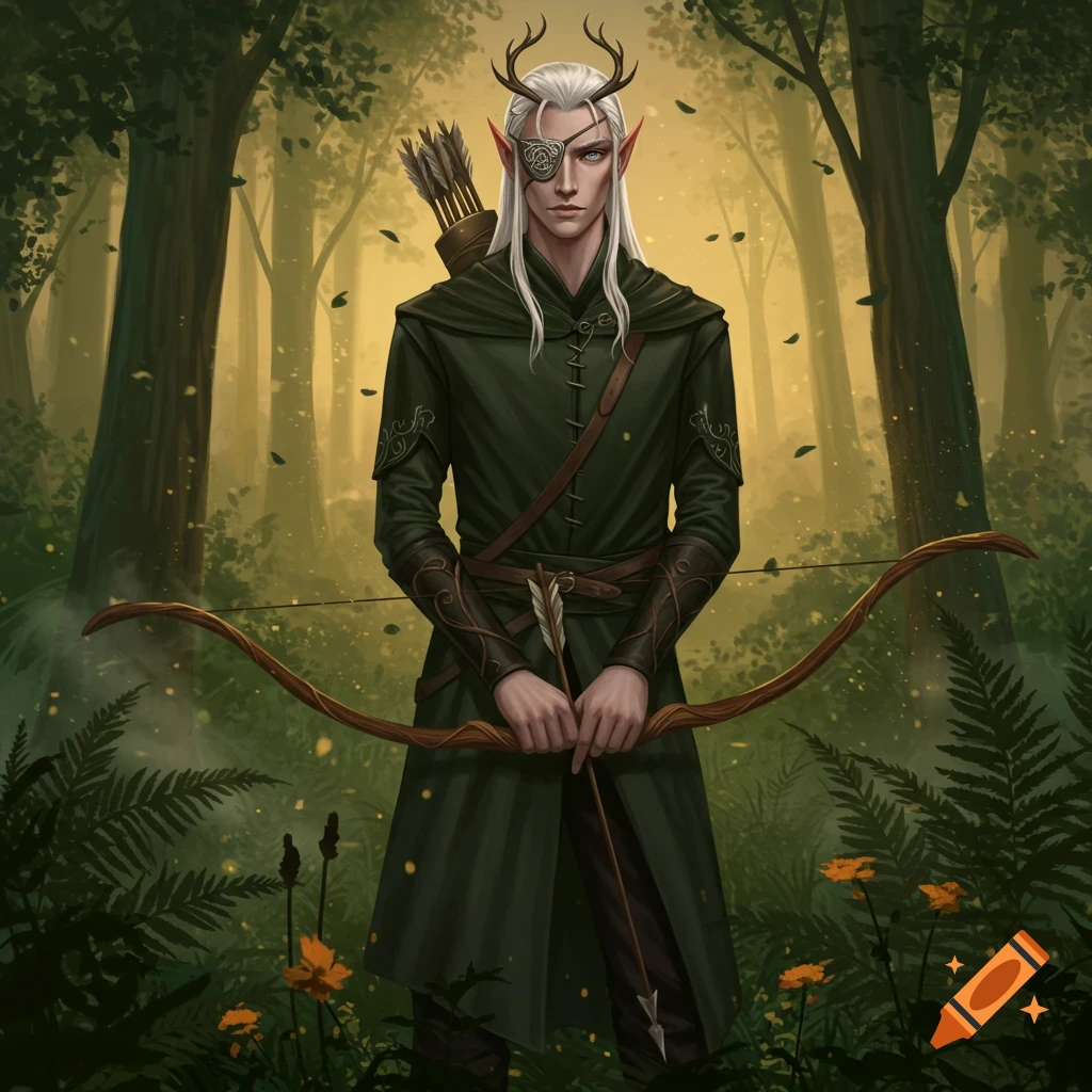 An elf with an eyepatch, white hair, and small antlers holds a bow and arrow in a mystical forest.