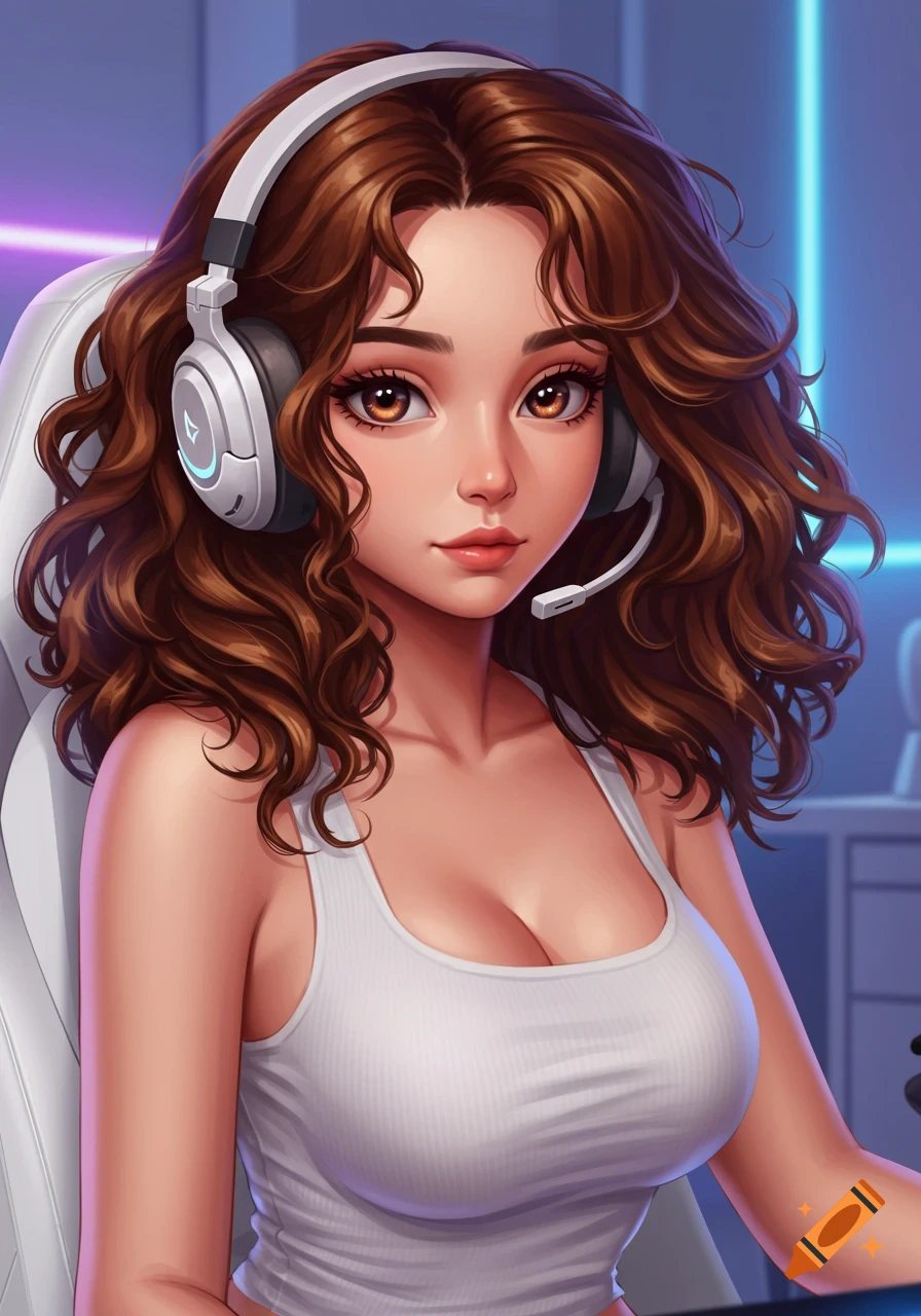 Anime girl with brown curly hair, brown eyes, wearing a white gaming headset and tank top, sitting in a gaming chair.