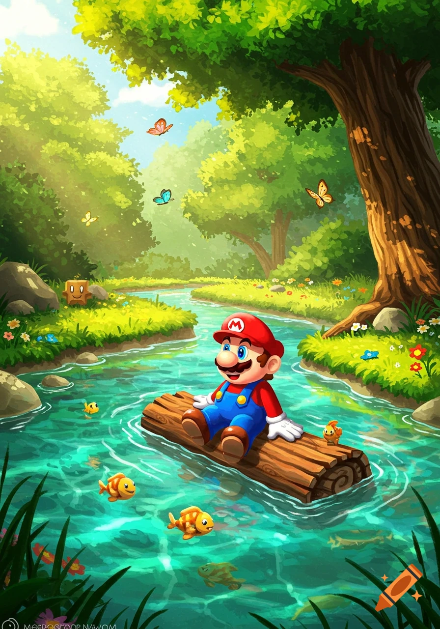 Mario sits on a log, floating down a clear blue river in a vibrant forest with butterflies and fish, in a cartoon style.