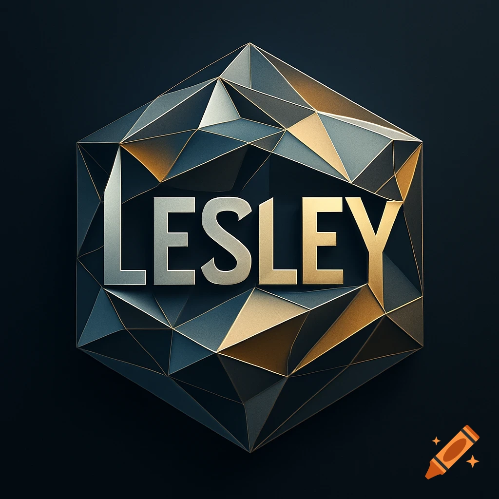 A faceted hexagon in dark blue and gold contains the metallic silver and gold word "LESLEY" in its center, against a dark background.