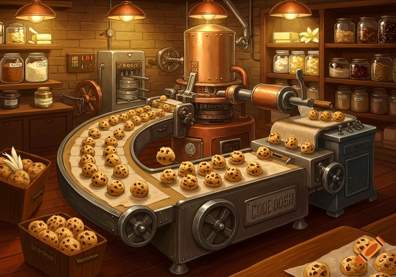 An illustration of a small, old-fashioned cookie factory with machines producing chocolate chip cookie dough balls on a conveyor belt.