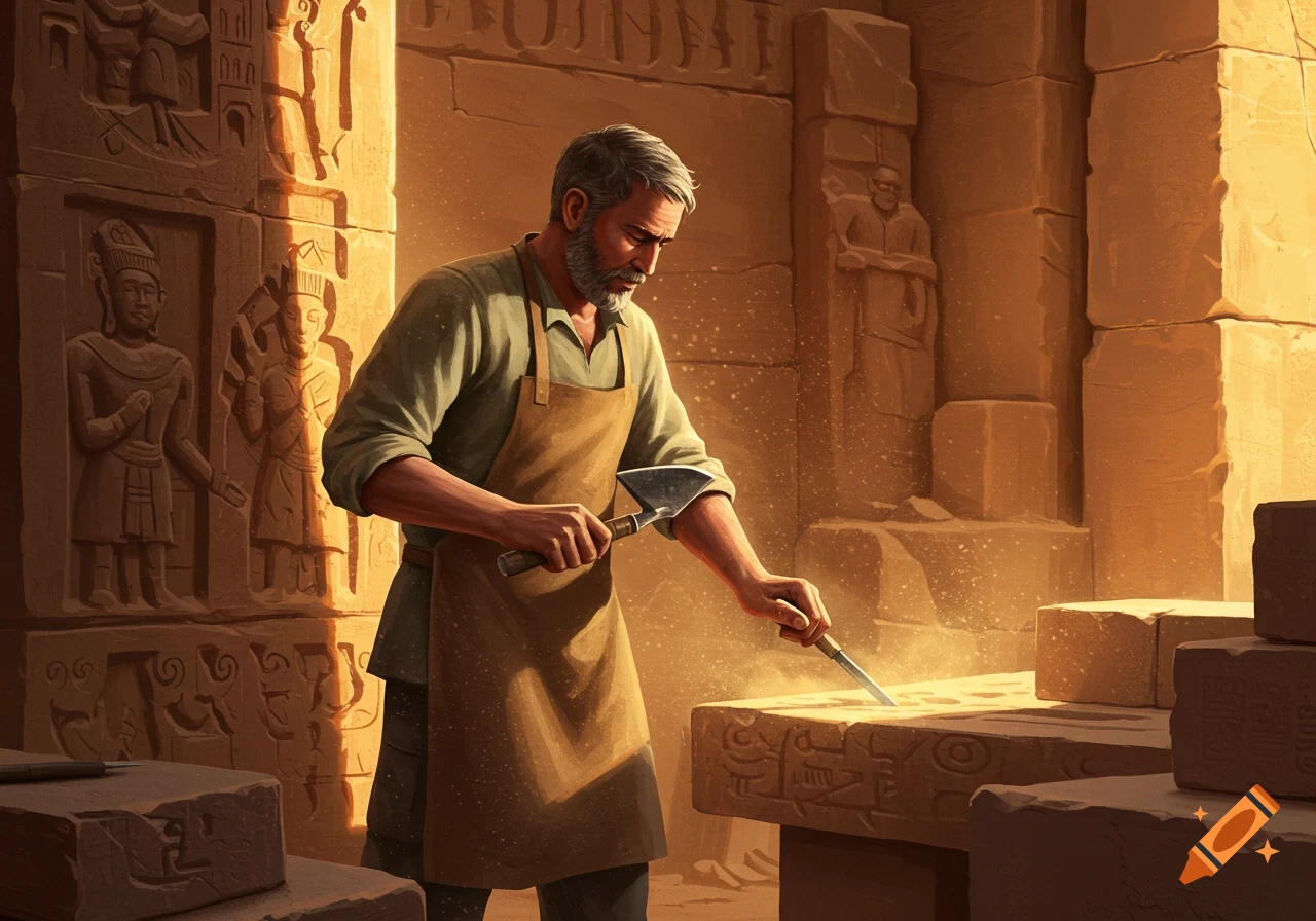 A bearded man in an apron carves stone in an ancient-looking chamber with hieroglyphs on the walls, illuminated by warm light.
