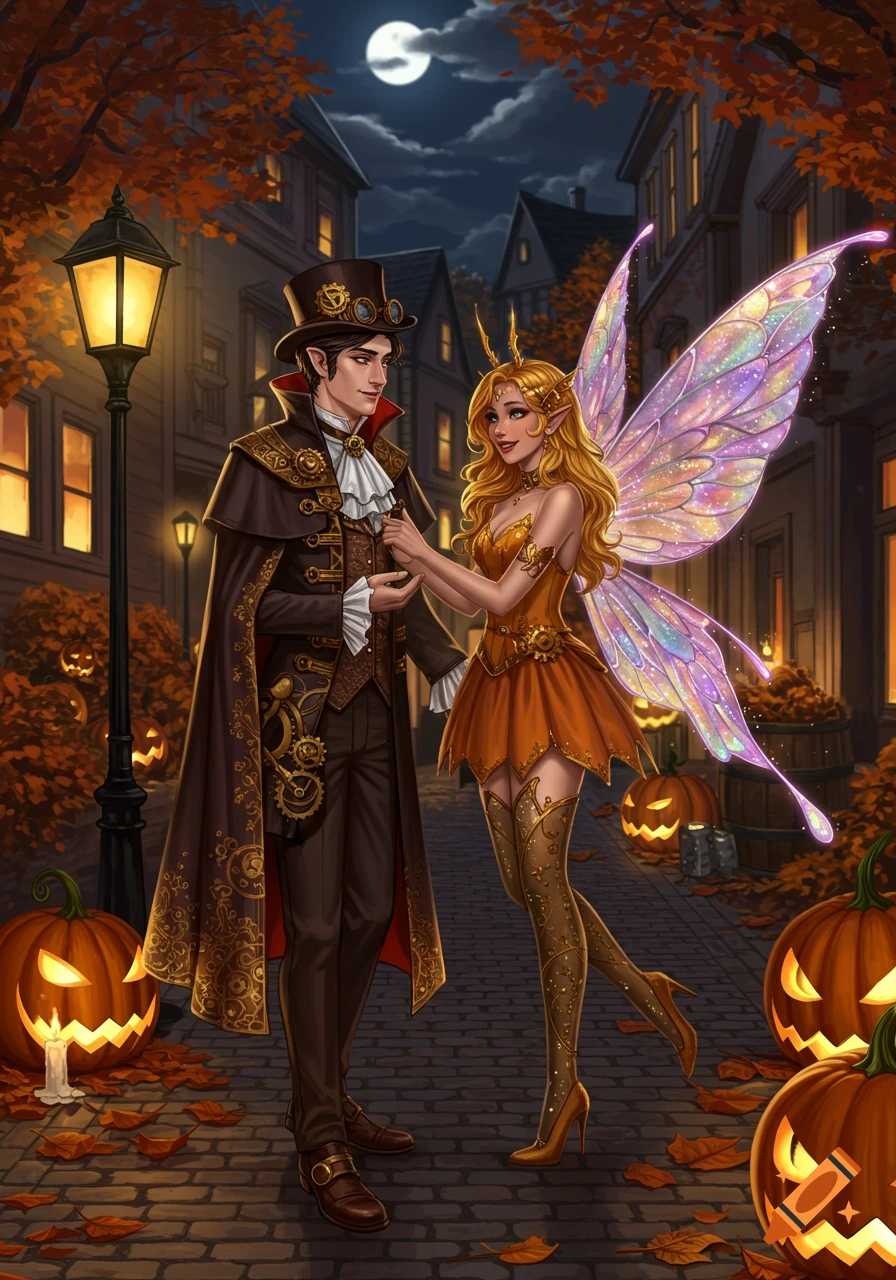 A fantasy couple in Halloween costumes, a steampunk-attired male and a fairy, stand on a pumpkin-lined cobblestone street at night.