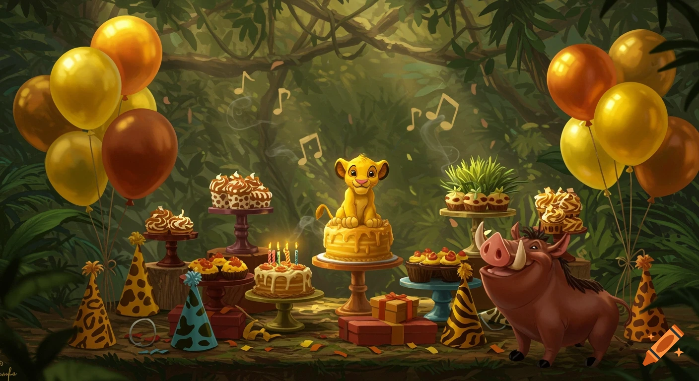 A cartoon-style birthday celebration in a lush jungle, featuring Simba on a cake, Pumbaa, colorful balloons, and festive treats.