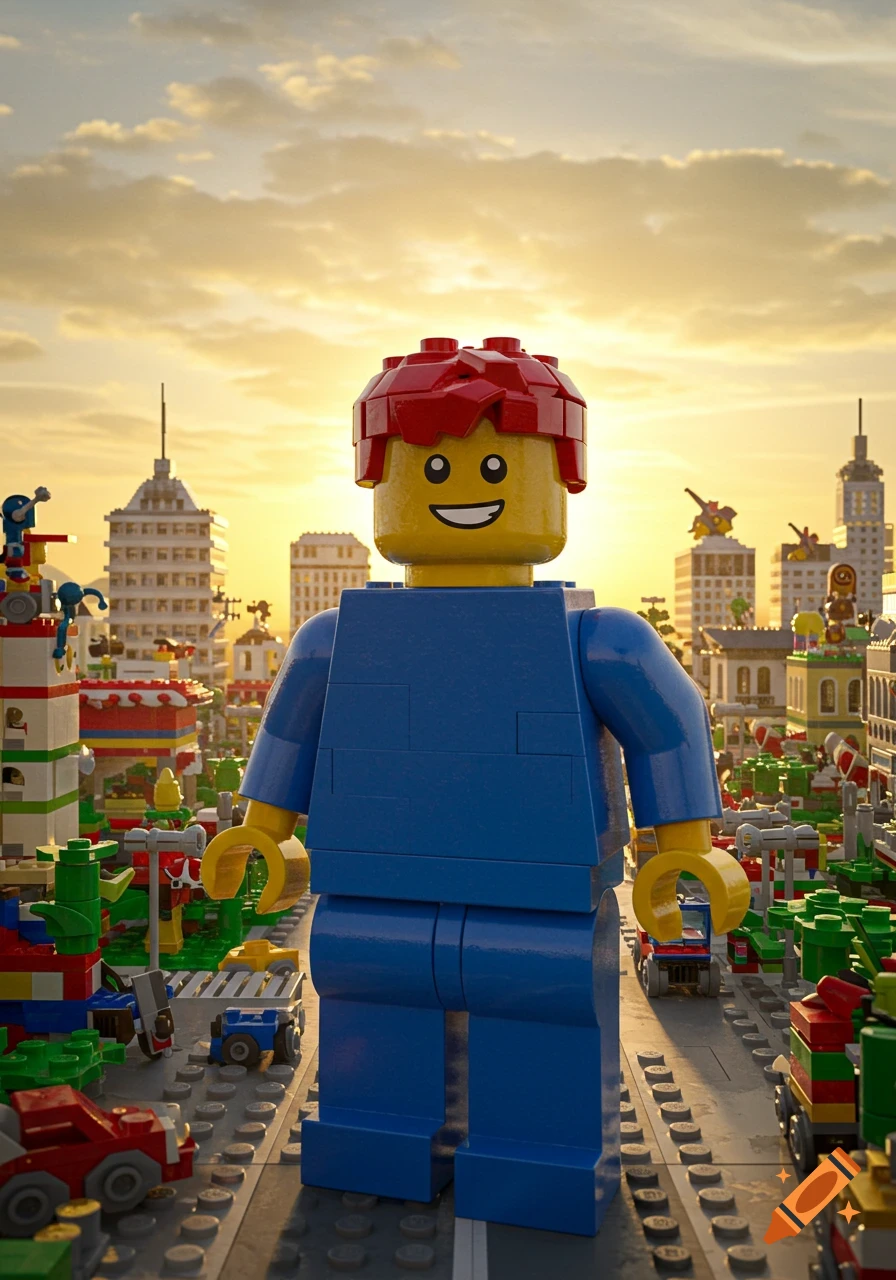 A giant smiling Lego man stands in a detailed Lego city at sunset.