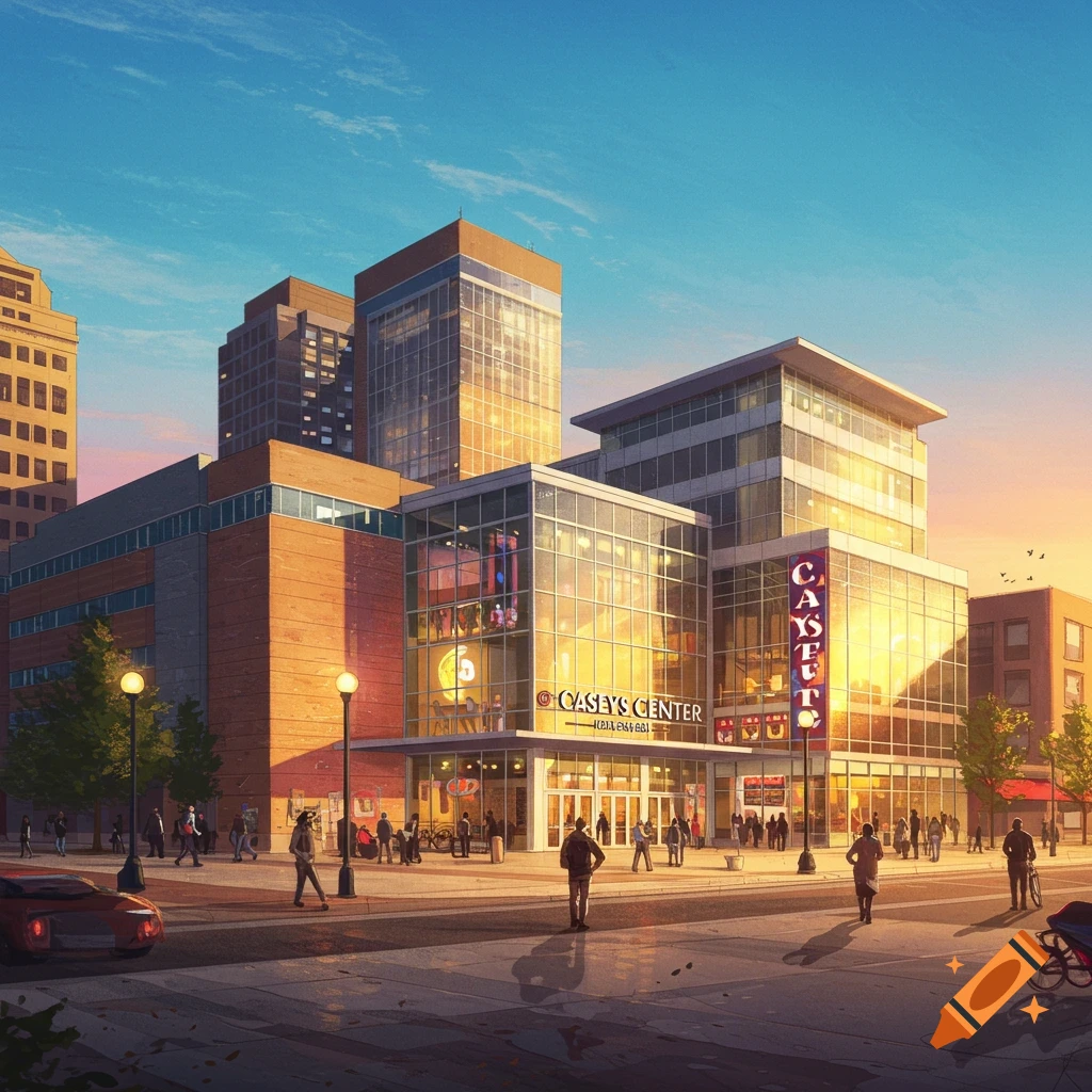 A modern building named "Casey's Center" with large glass facades, set in an urban environment at sunset, with people walking on the sidewalks.