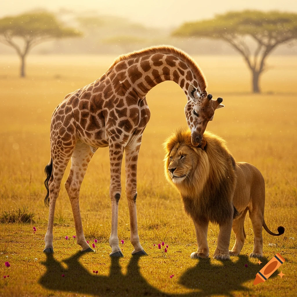 A photorealistic image of a giraffe nuzzling a lion's head in a golden savanna at sunset.
