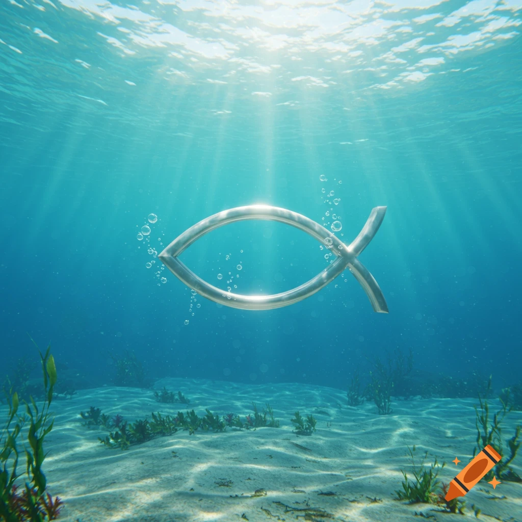 A shiny silver Christian fish symbol floats in clear blue water with light rays filtering from above to the sandy seabed.