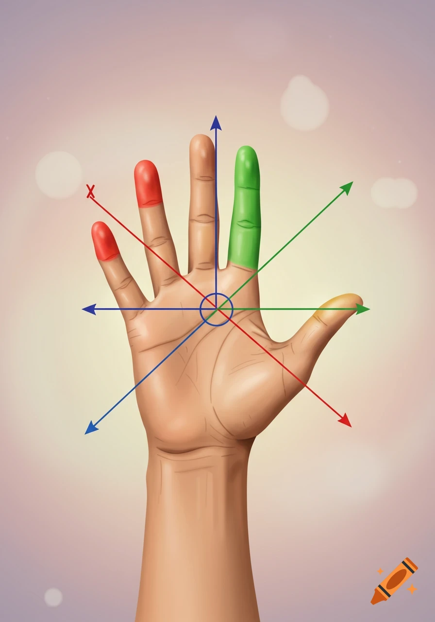 An illustration of the right-hand rule with a hand and intersecting colored arrows representing axes, including an 'X' symbol.