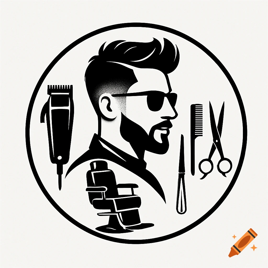 Black and white minimalist logo featuring a stylish male barber profile with sunglasses, surrounded by barber tools and a chair.