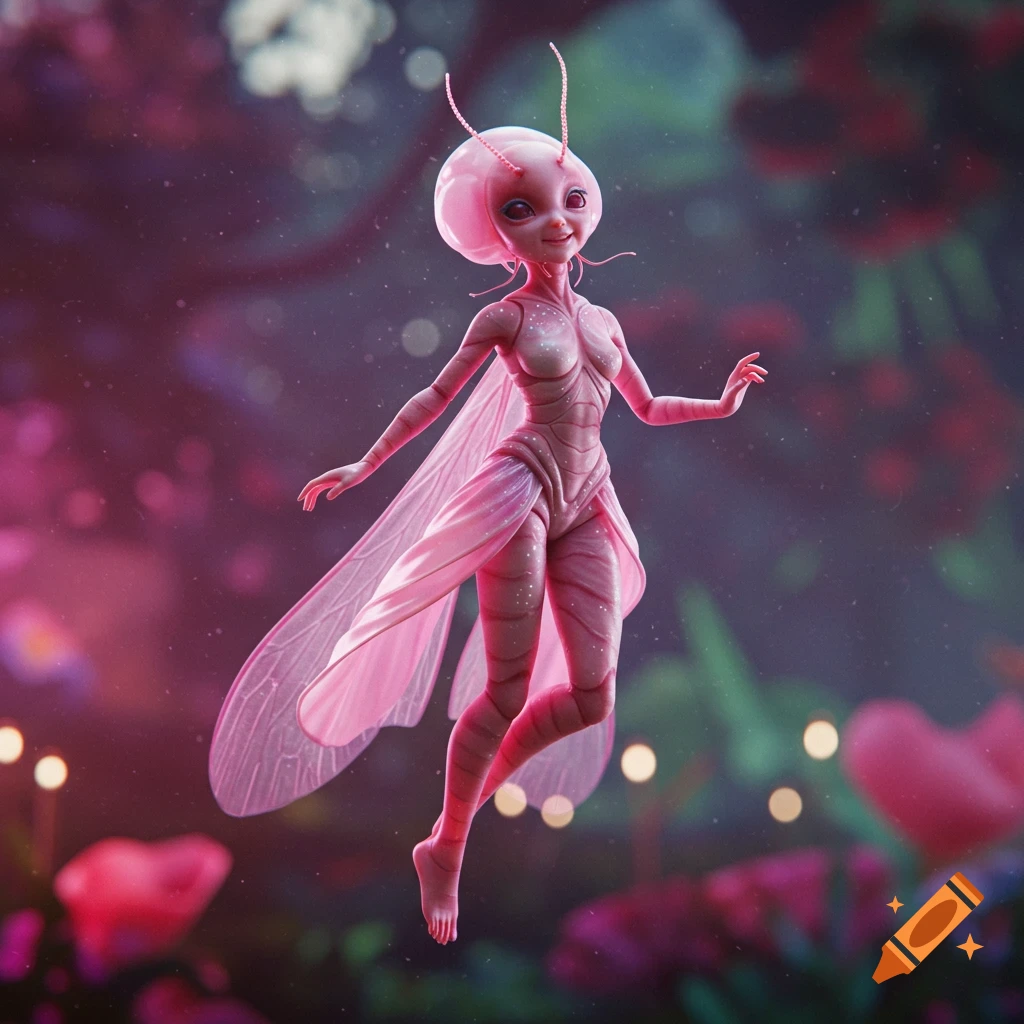 A pink insectoid fairy-like creature with translucent wings levitates in a dreamy, blurred pink and purple forest.