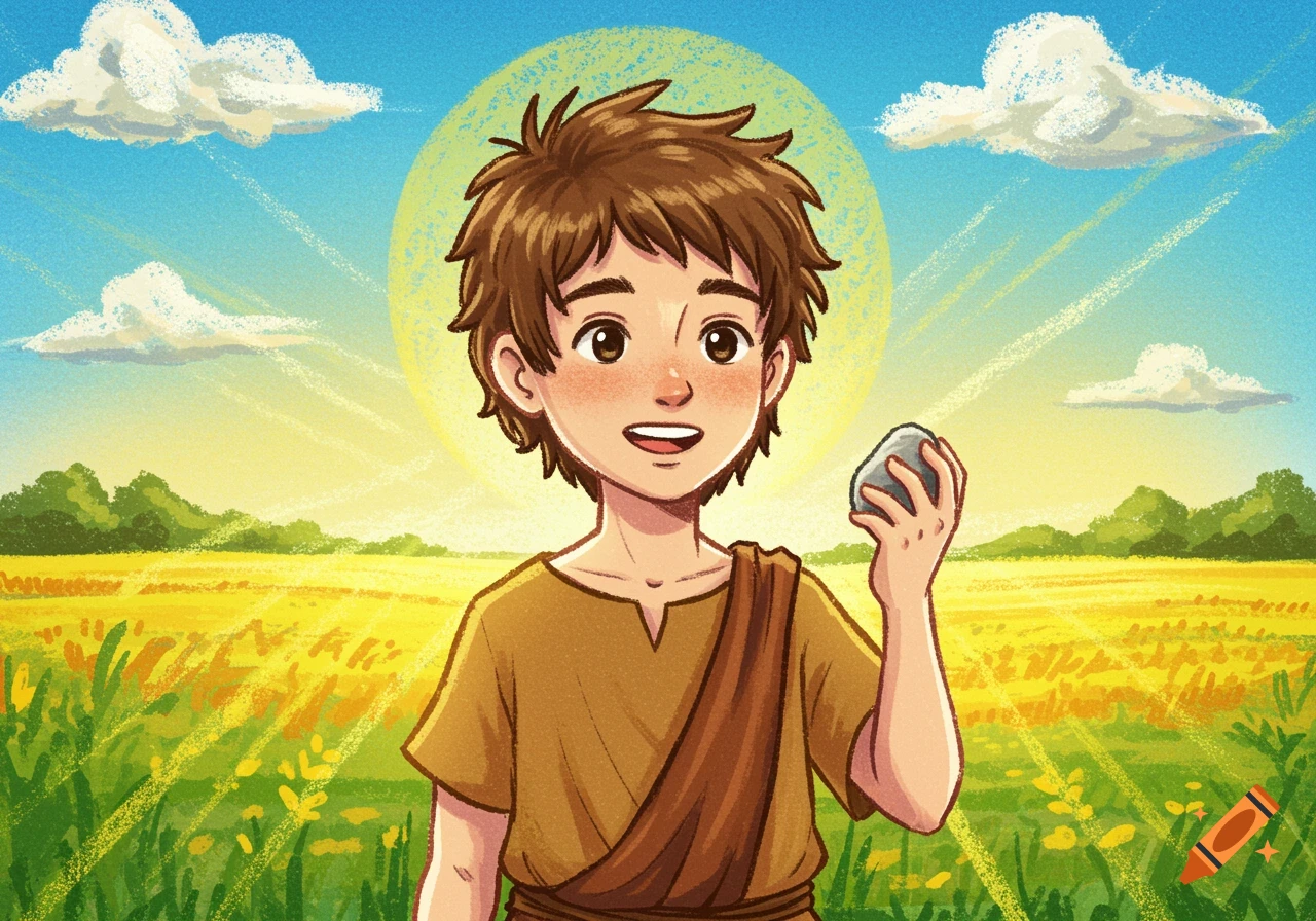 A young boy, like a crayon drawing, smiles bravely while holding a stone in a sunny, vibrant field of yellow flowers and green hills.