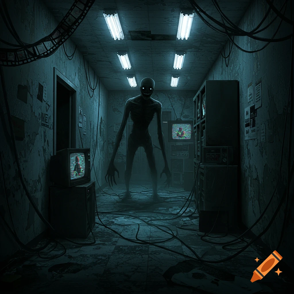 A gaunt, shadowy creature with glowing white eyes stands in a dark, dilapidated hallway with flickering fluorescent lights and static-filled TV screens.
