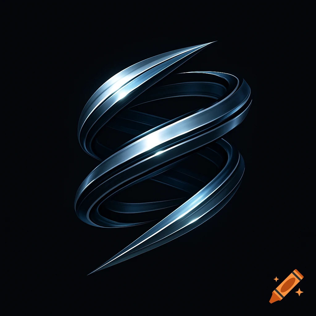 Sleek, twisted metallic chrome object on a black background, resembling a modern logo.