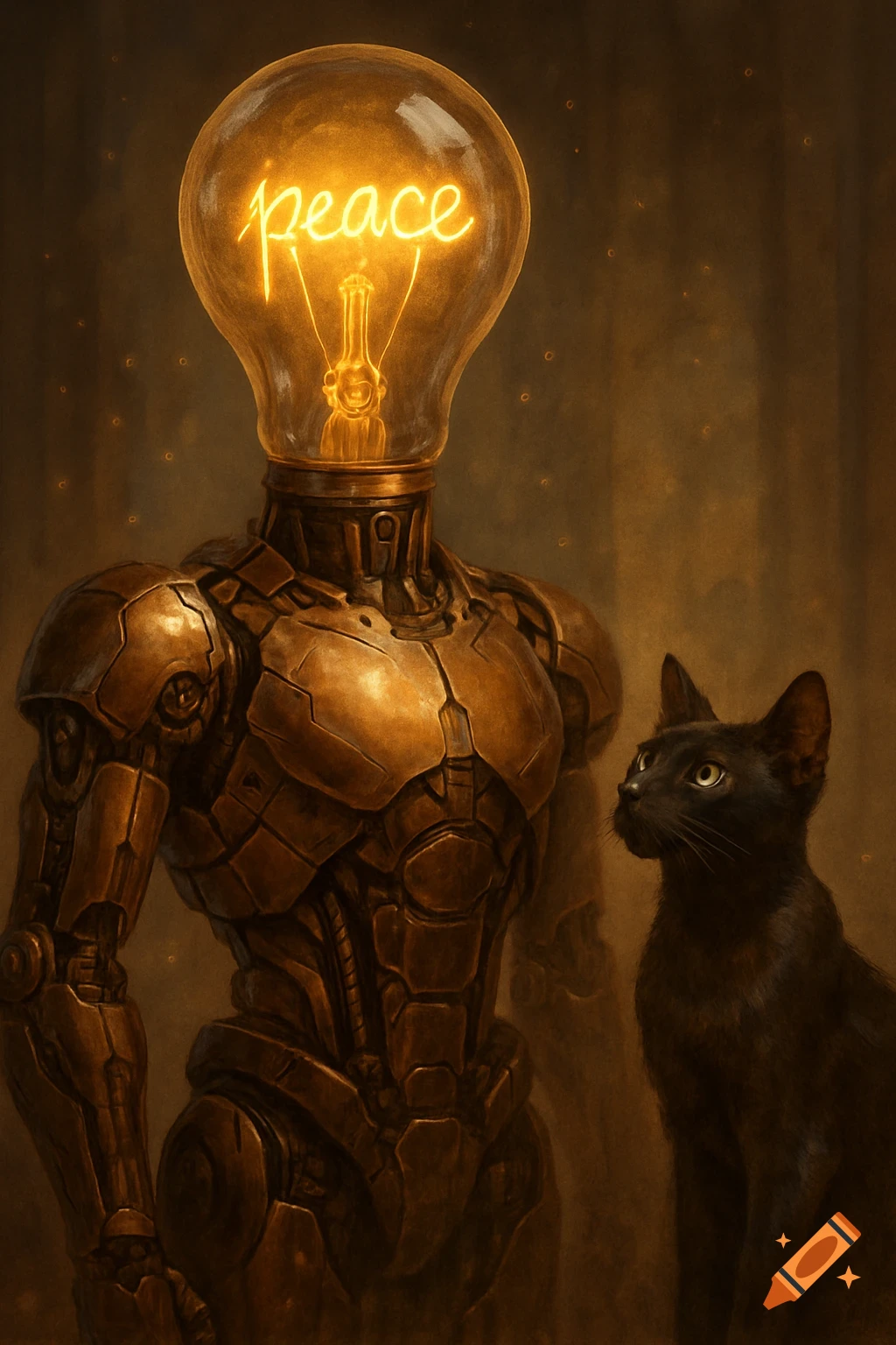 A bronze cyborg with a glowing lightbulb head that reads 'peace' stands next to a black cat looking up. Digital art.