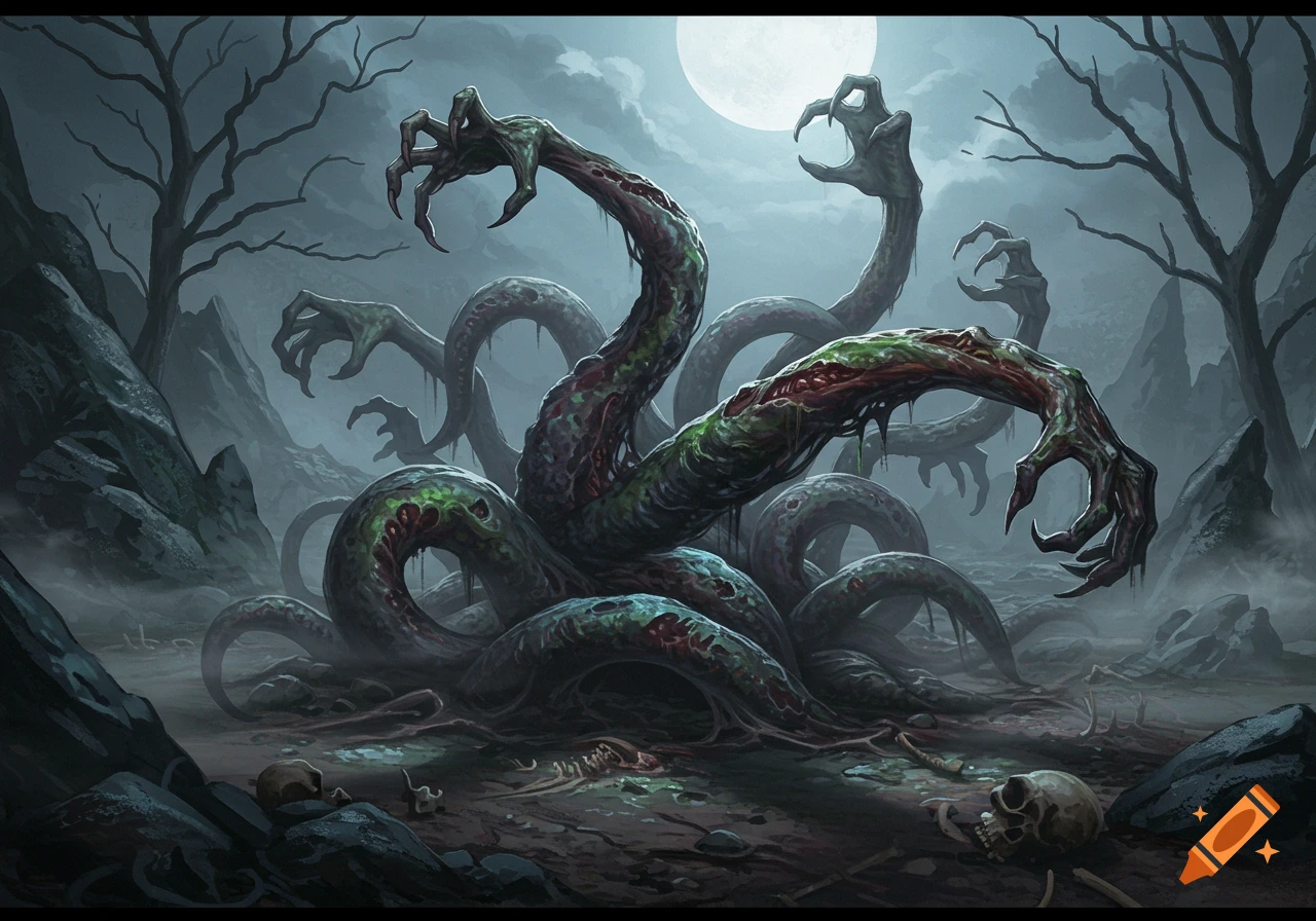 Dark fantasy art of grotesque zombie tentacles with skeletal hands emerging from misty ground under a full moon, with bare trees and scattered skulls.