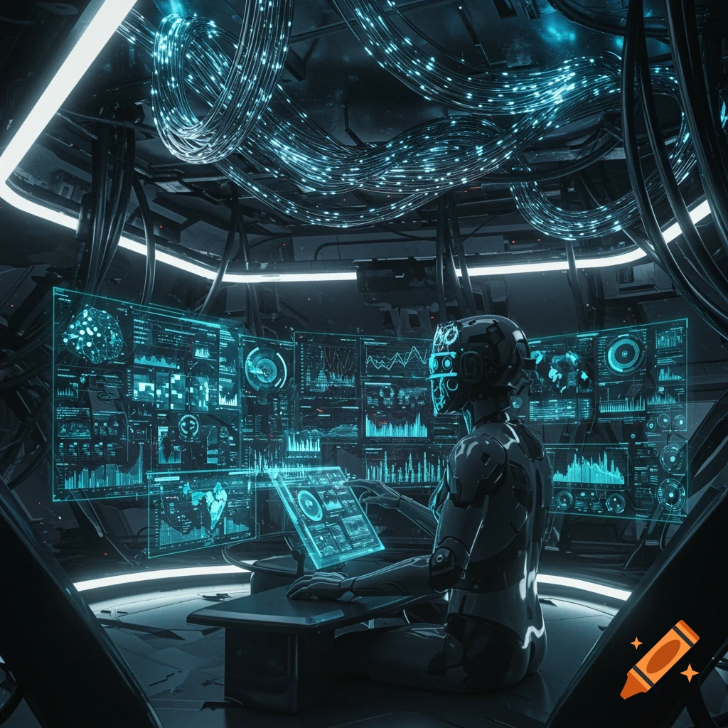 A robot in a futuristic control room surrounded by glowing blue data screens and luminous cables.