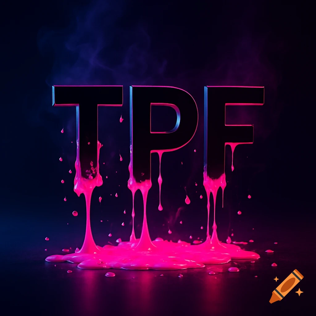 Black letters 'TPF' dripping with bright pink liquid against a dark background with blue and purple smoke.