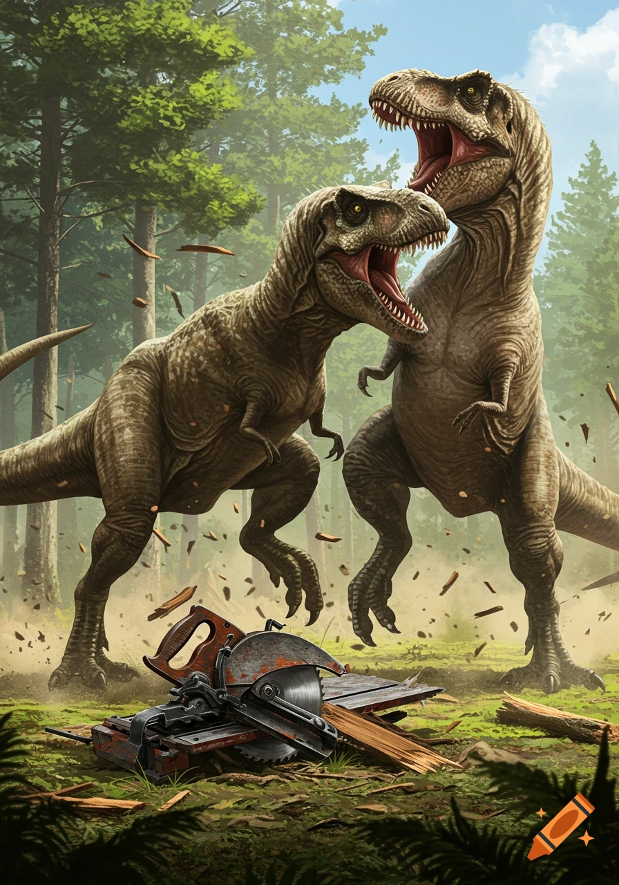 Two roaring T-Rexes in a forest, wood flying, with a broken table saw on the ground. Detailed illustration.