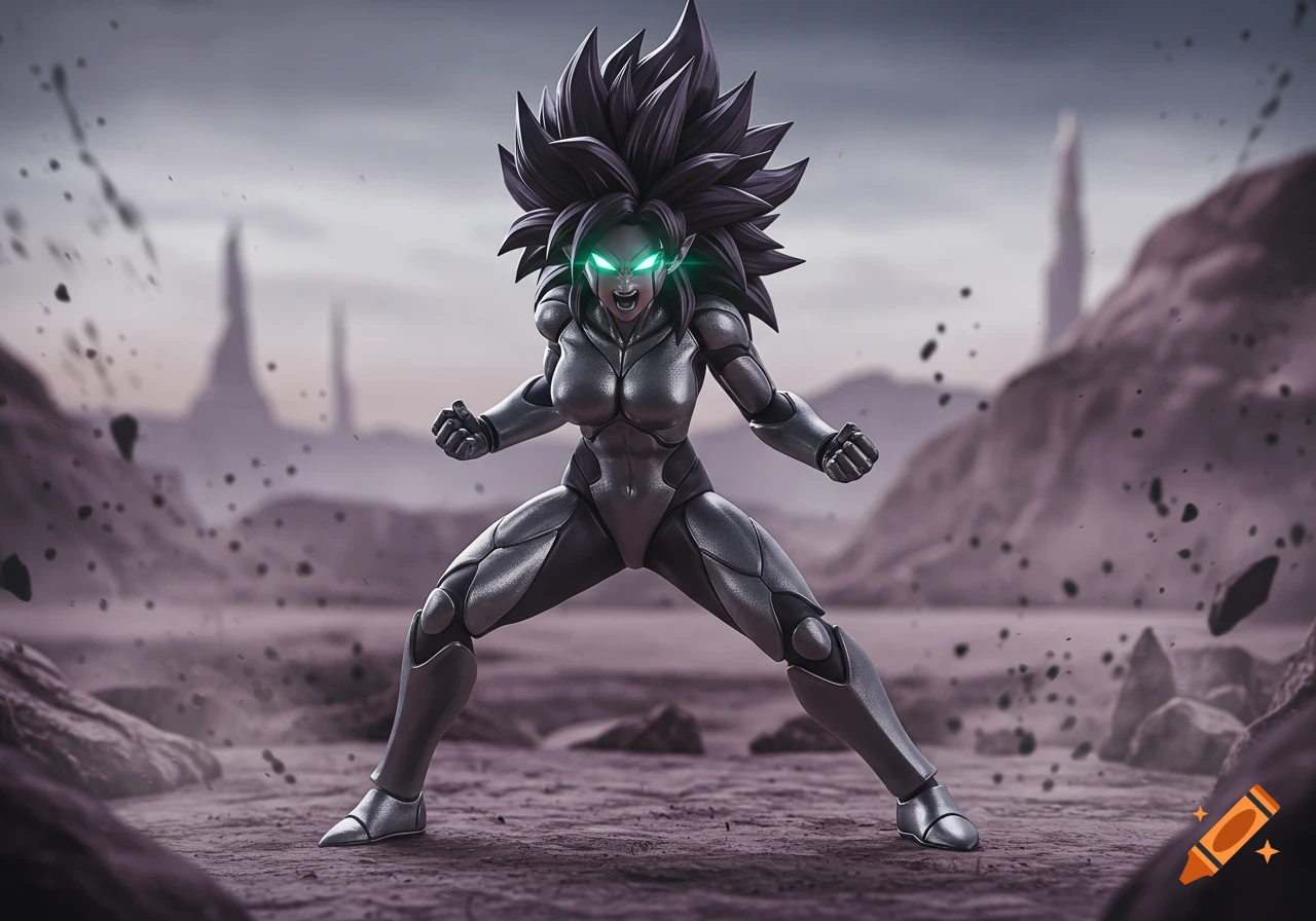 A fierce female Saiyan warrior with spiky dark hair and glowing green eyes, wearing silver armor, stands in a desolate alien landscape with debris flying.