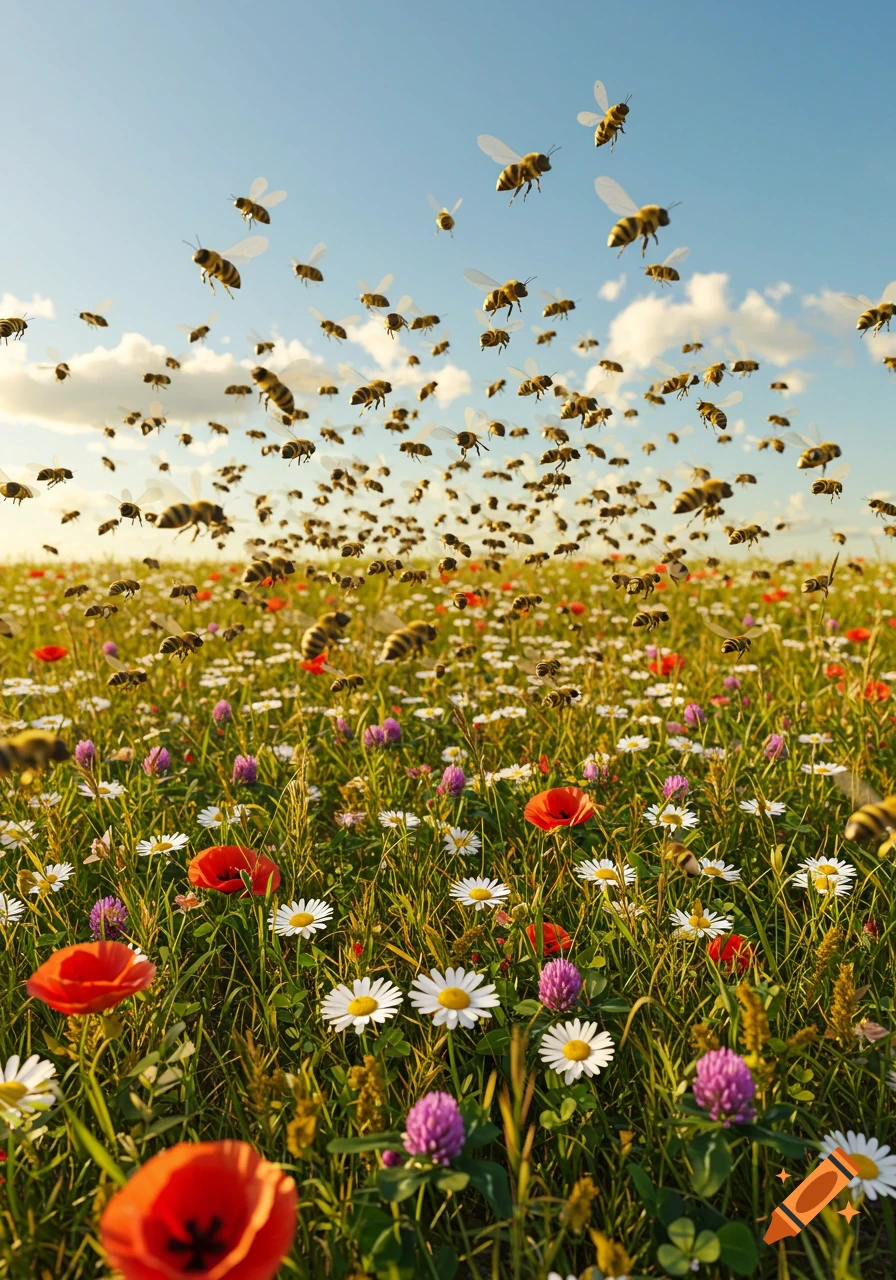 Photorealistic image of a field of colorful wildflowers with hundreds of bees swarming above them under a blue sky.