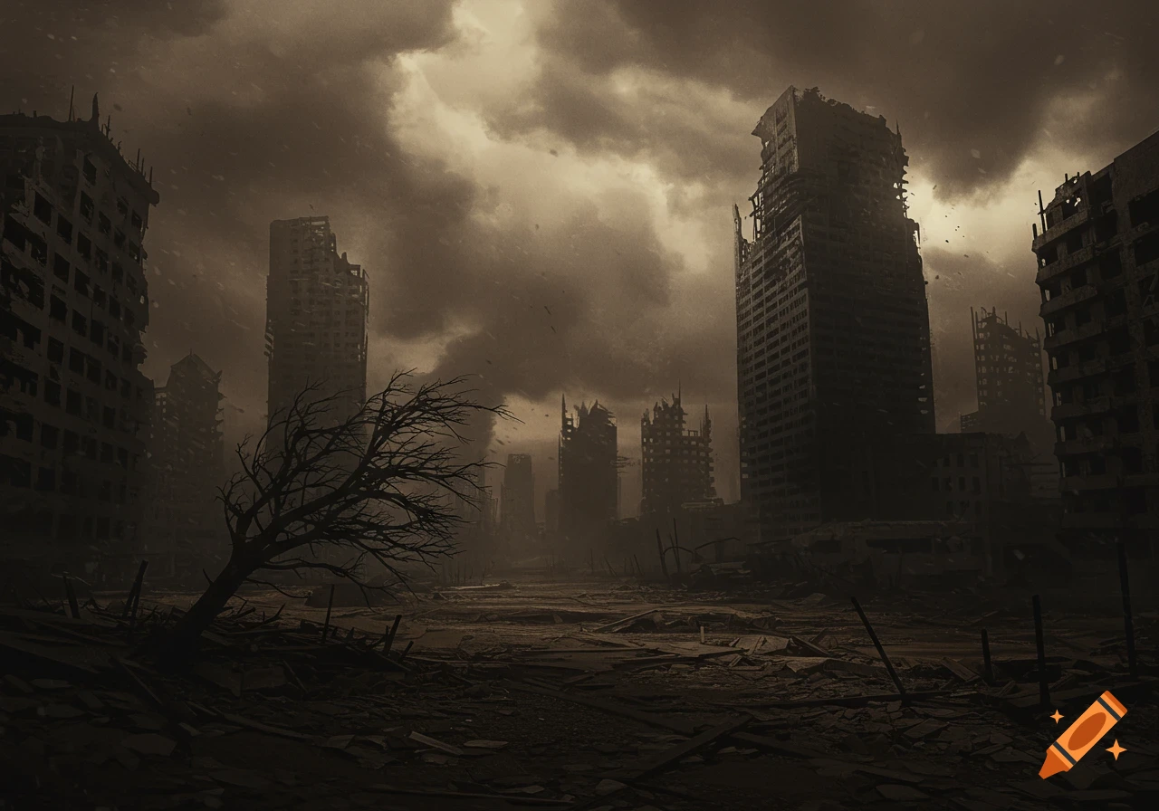 A desolate, dark post-apocalyptic cityscape with crumbling skyscrapers, a barren tree, and debris under a gloomy, stormy sky.