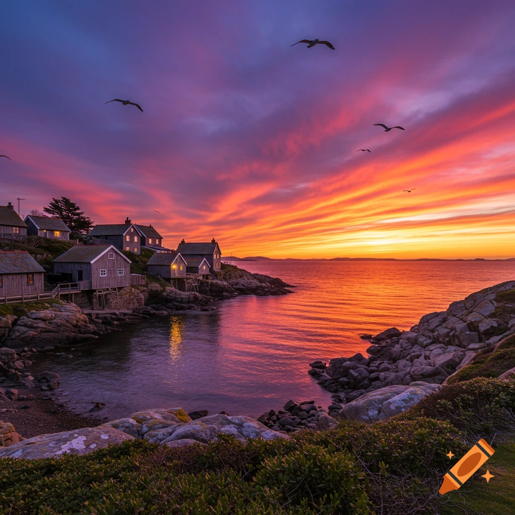 Photorealistic image of a coastal village with houses on a rocky shore, bathed in the vibrant colors of a sunset over the ocean.