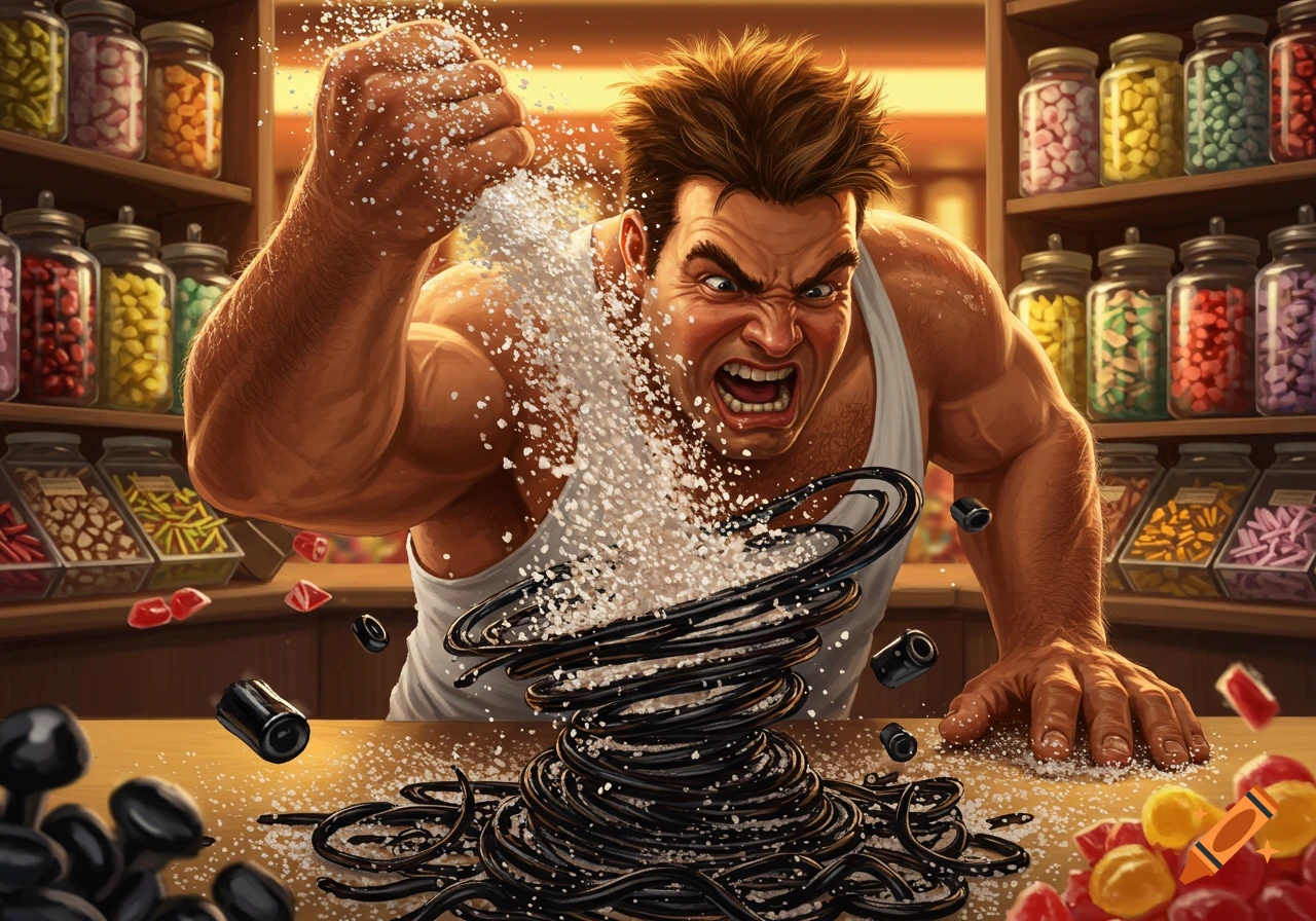 An angry, muscular man vigorously sprinkles white sugar onto a pile of black licorice in a candy store, surrounded by jars of colorful sweets.