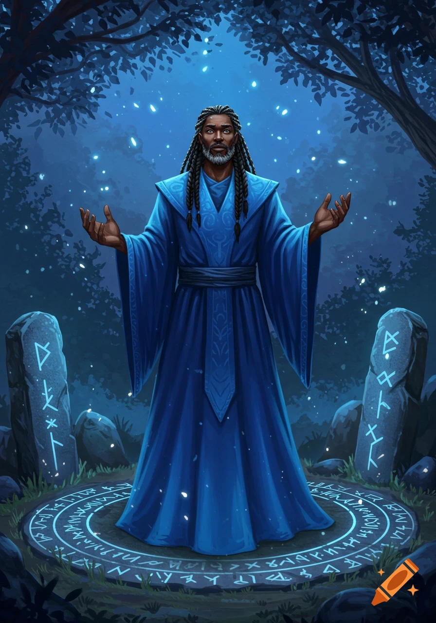 A dark-skinned wizard with braided hair and blue robes stands in a magical forest clearing with glowing runes.