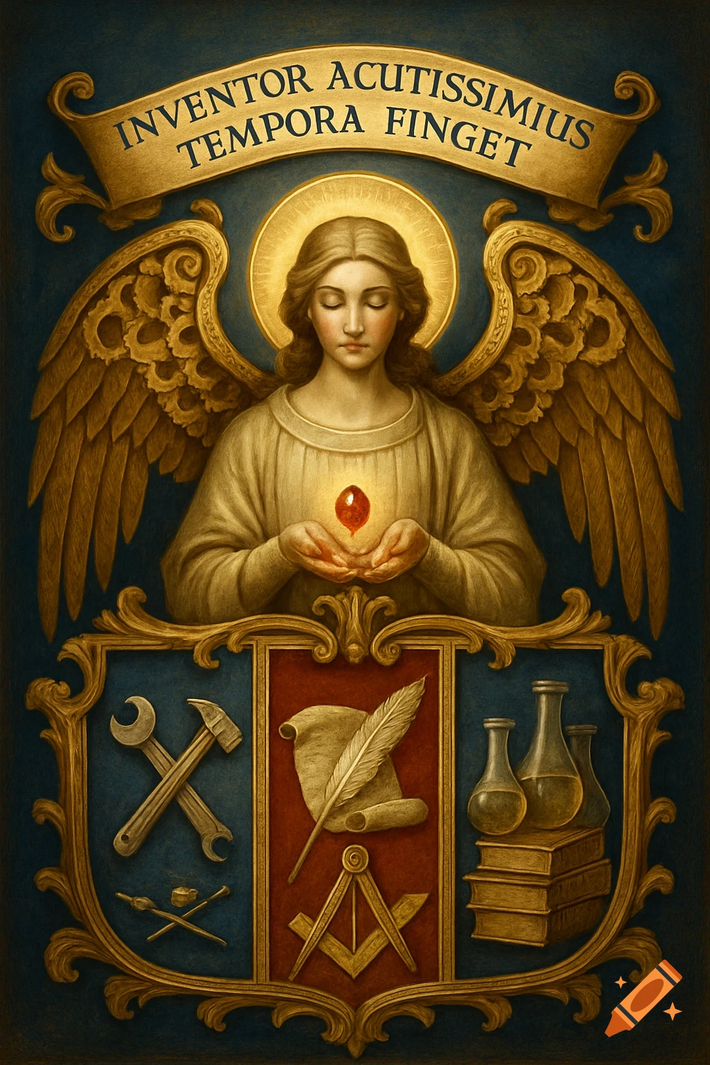 A classical coat of arms with a regal angel, golden wings, and halo holding a glowing red jewel. Banner reads "INVENTOR ACUTISSIMIUS TEMPORA FINGET".