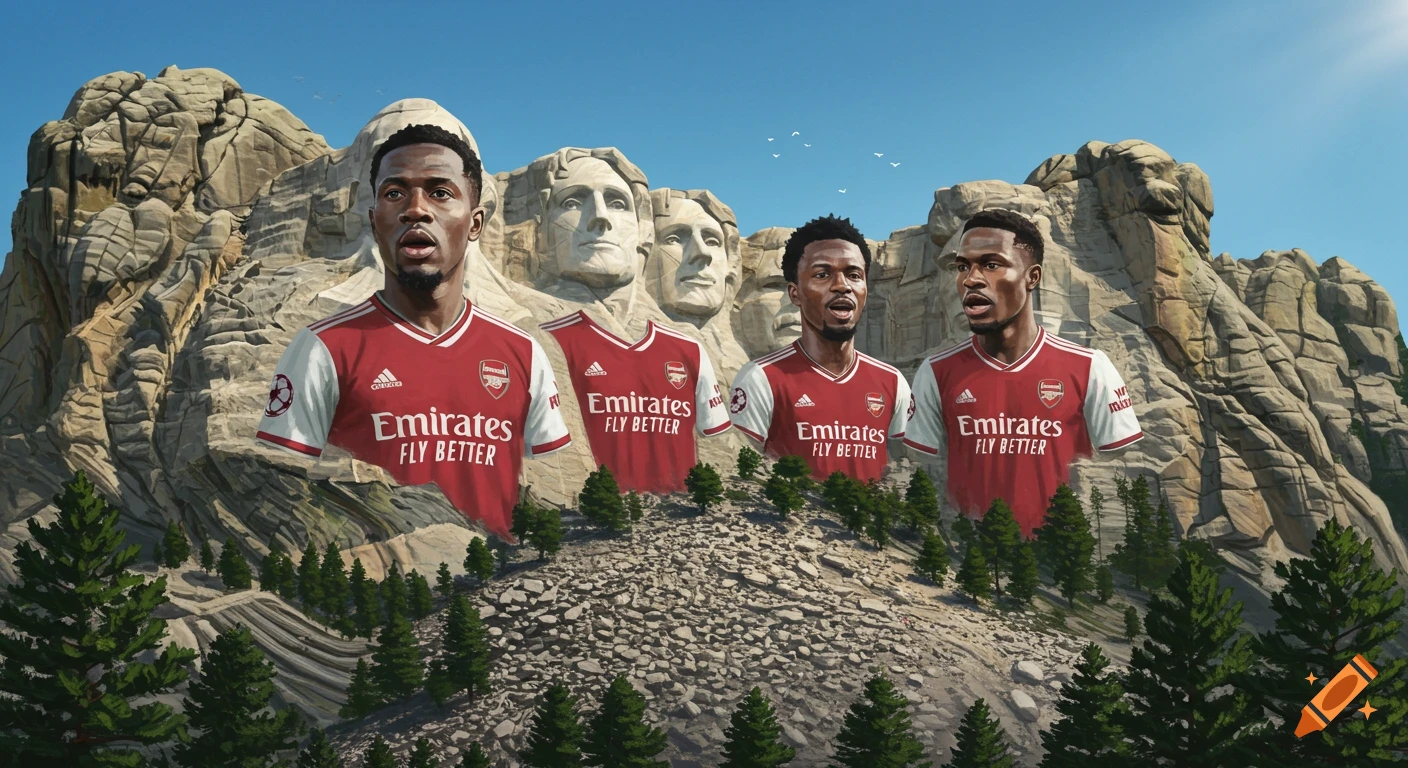 Four prominent soccer players wearing Arsenal kits are depicted as busts carved into a mountain, in the style of Mount Rushmore. Behind them, the original Mount Rushmore faces are partially visible.