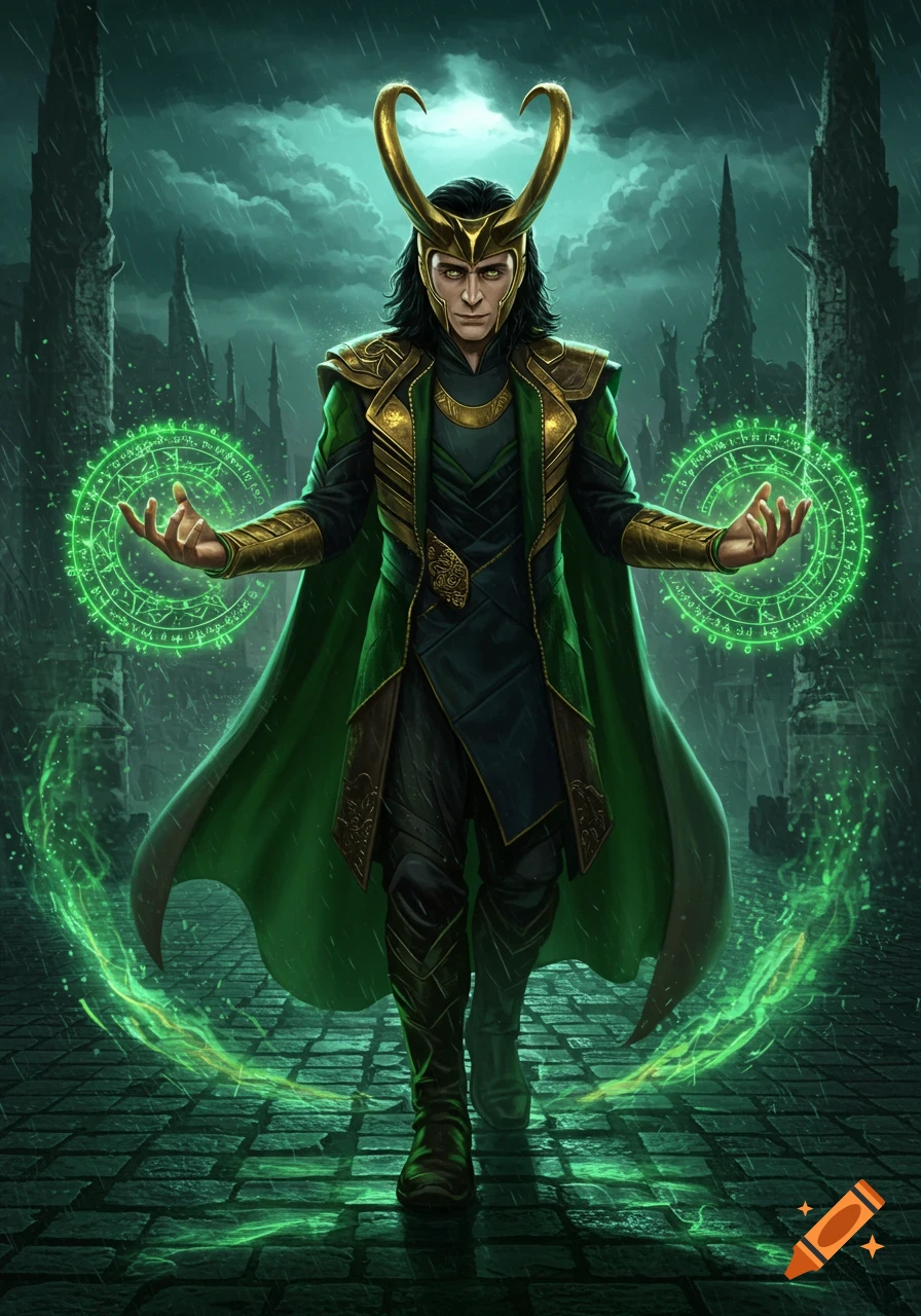 Loki in green and gold armor casts vibrant green magic in a rainy, ruined city. Detailed illustration.